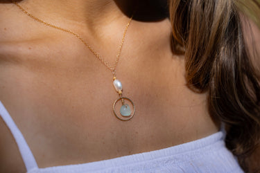 Aqua Blue Sea Glass + Baroque Pearl Circle Necklace